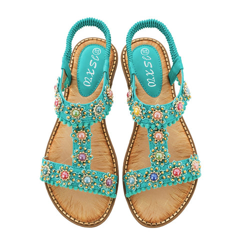 Gykaeo Bohemian Style Casual Women's Sandals 2019 Female Fashion Round Toe Crystal Flat Bottom Beach Shoes Women Summer Sandals