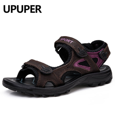UPUPER 2019 Summer Outdoors Women's Sandals Comfortable Flat Genuine Leather Woman Shoes Summer Beach Shoes Large Size 35-41