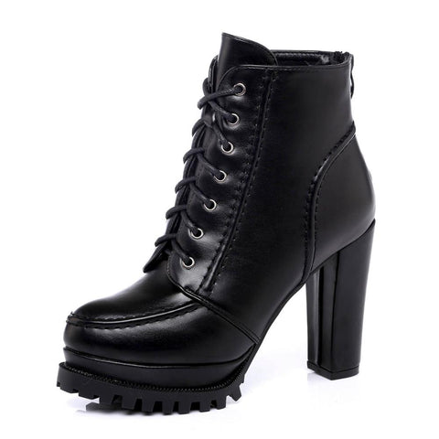 PU Leather Platform Ankle Strap Boots High Heels Women's Zip Spring Autumn Shoe Women Chaussures Femme Western Motorcycle Boots