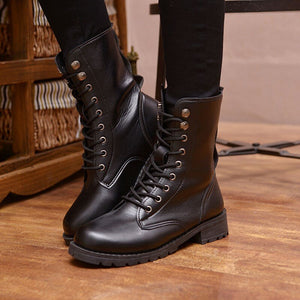 Black Round Toe Women's Motorcycles Boots Pu Leather Women's Army Boots Solid Lace Up Ladies Flat Martin Boots
