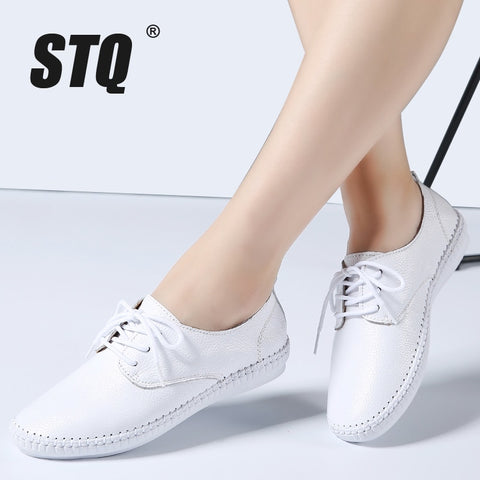 STQ 2020 Spring Women Ballet Flats Oxford Flat Shoes Soft Leather Shoes Ladies Lace Up White Black Loafers Flats Boat Shoes B16