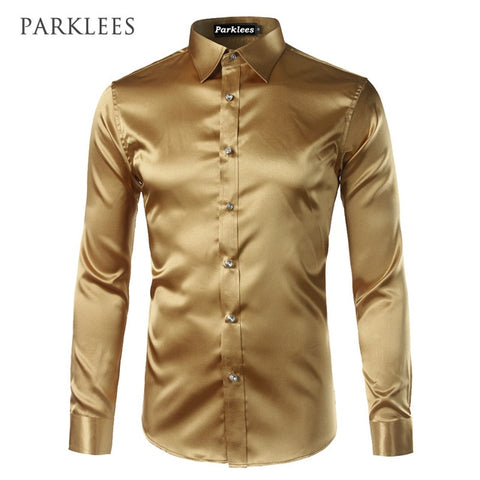 Silk Shirt Men 2017 Satin Smooth Men Solid Tuxedo Shirt Business Chemise Homme Casual Slim Fit Shiny Gold Wedding Dress Shirts