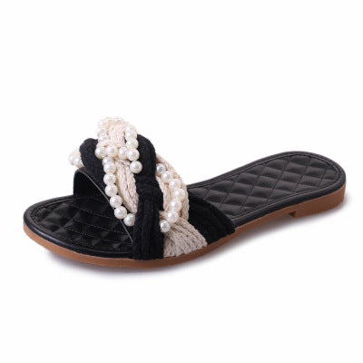 2017 Summer Women's Slippers Plaid Pearl Flat Sandals Female Flat Slippers Casual Flip Flops Women's Shoes Slides Beach Shoes