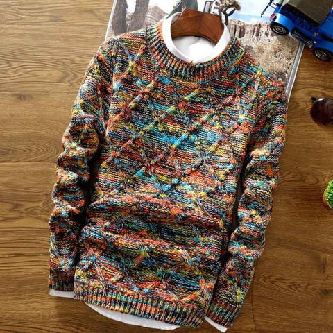 O-Neck Sweater Men 2018 fashion Pullover Sweater Male Slim Fit Knitting Sweaters Mens Colorful Rhombus Lattice Pullover Men