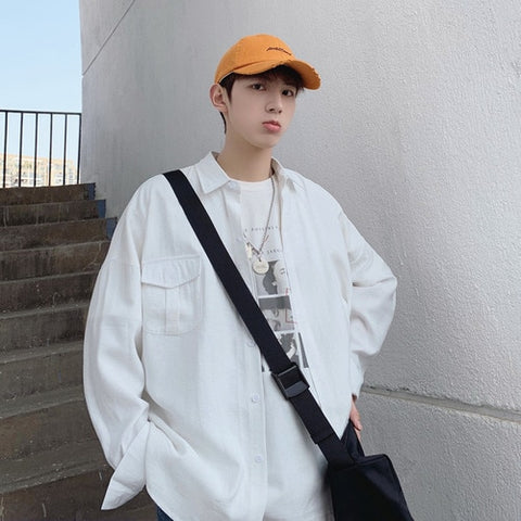 2019 Spring Summer Korean Pocket Designed Thin Oversize Men's  Black White Casual Shirt Blouse